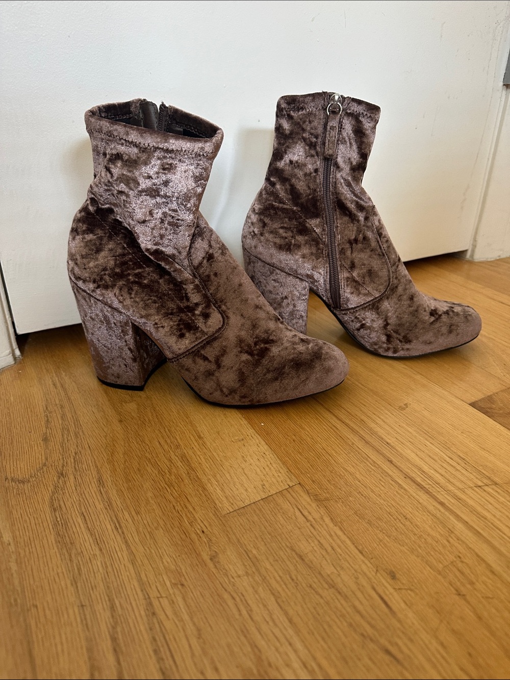 Steve Madden Taupe Velvet Block Heel Ankle Boots